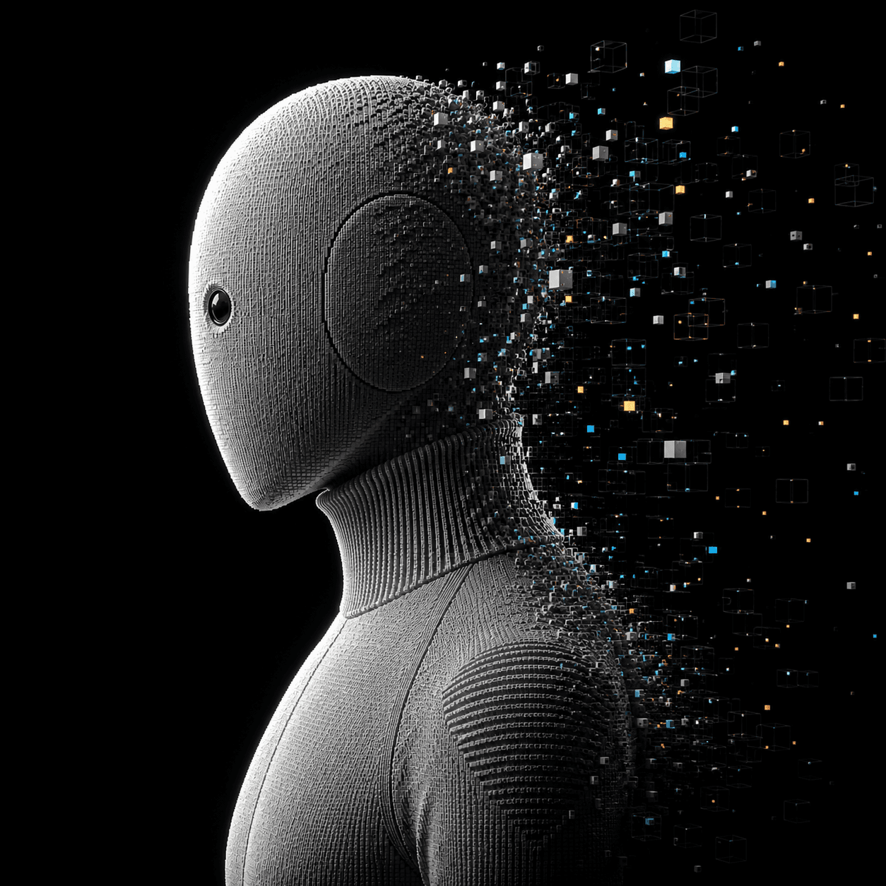 Abstract humanoid figure dissolving into digital pixels on a dark background